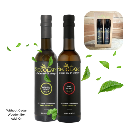 Italian Herb Olive Oil Bottle and Peach Balsamic Bottle with Cardboard Box Behind