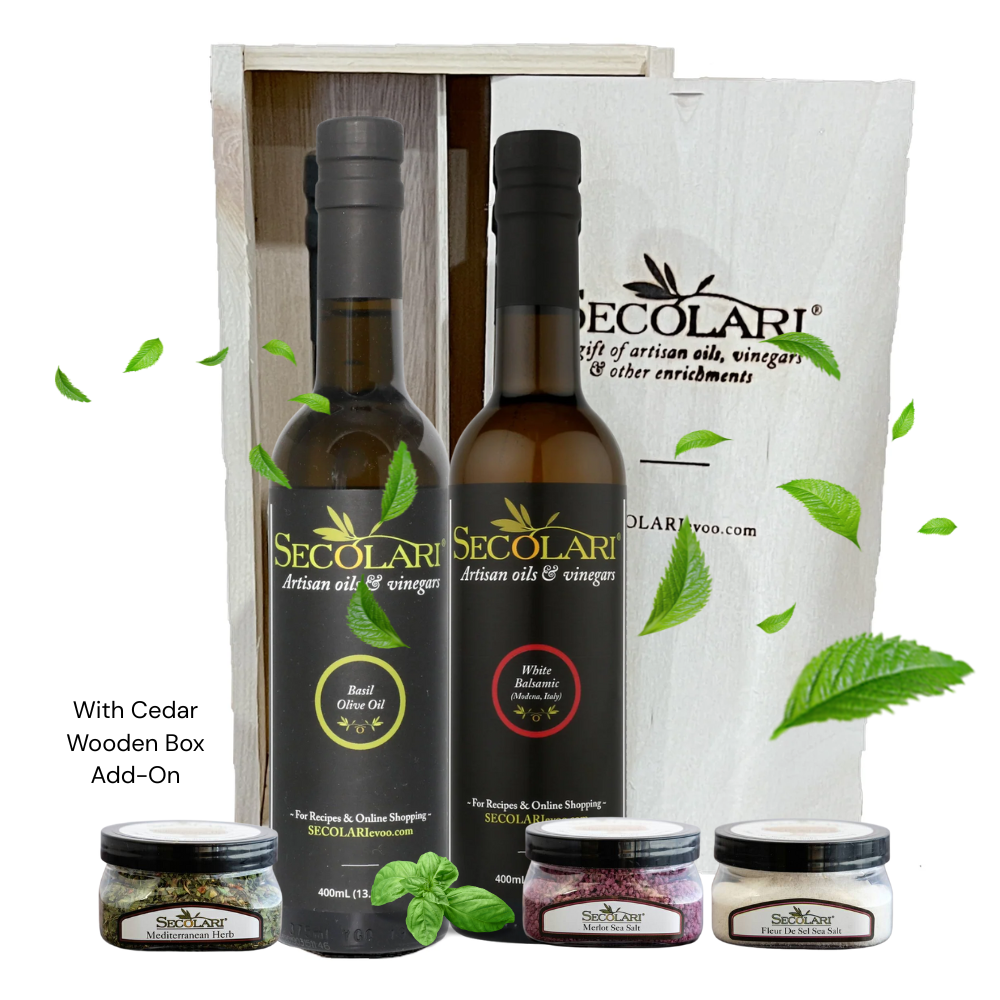 Merlot Sea Salt (3.0 oz)
Fleur de Sel Sea Salt (2.5 oz)
Basil Olive Oil (375ml)
White Balsamic Vinegar - Aged 18 Years (375ml)
Mediterranean Herbs (0.5 oz)
Bottles  and add-on cedar box on White Background