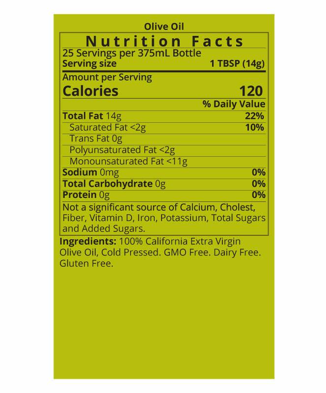 Arbosana Extra Virgin Olive Oil, 375ml, Delicate to Mild Flavor Nutrition Facts