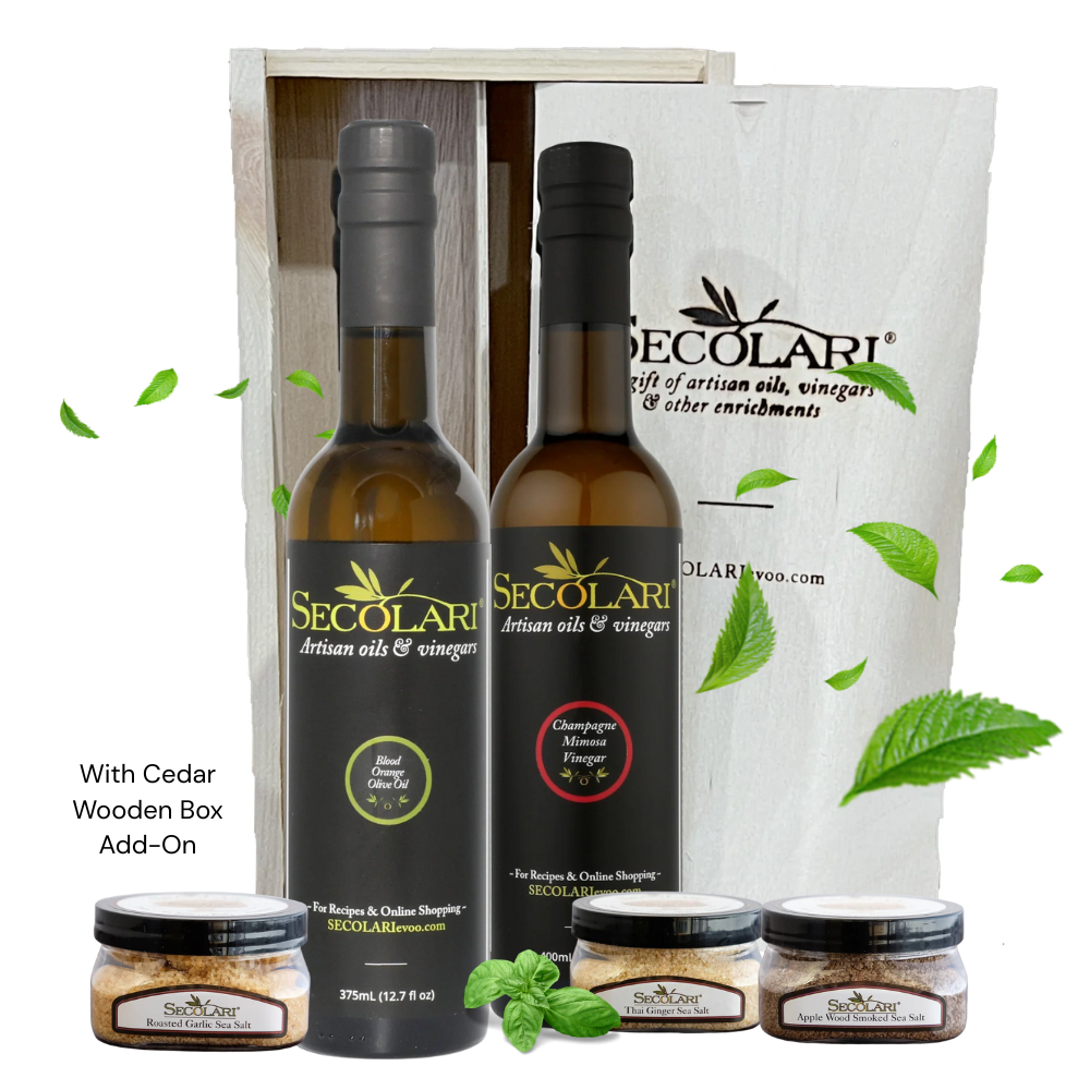 Blood Orange Olive Oil and Champagne Mimosa Vinegar Bottles. includes Roasted Garlic Sea Salt, Thai Ginger Sea Salt, and Apple Wood Smoked Sea Salt on white background