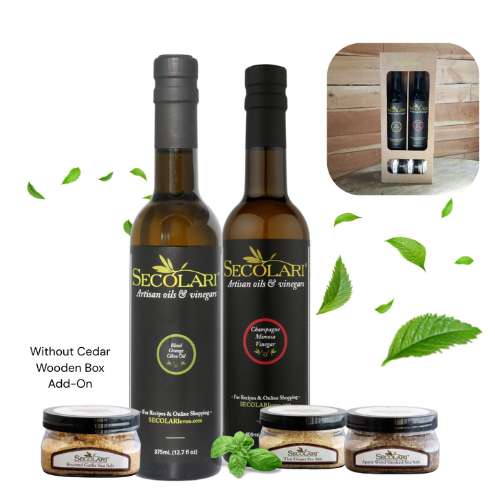 Blood Orange Olive Oil and Champagne Mimosa Vinegar Bottles. includes Roasted Garlic Sea Salt, Thai Ginger Sea Salt, and Apple Wood Smoked Sea Salt on white background