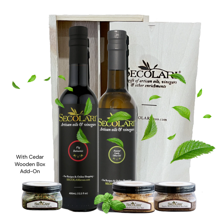 Fig Balsamic and Roasted Garlic Olive Oil Bottles with Small Bottles of Mediterranean Herb, Roasted Garlic Sea Salt, and Apple Wood Smoked Sea Salt with the Cedar Box Add on on white background