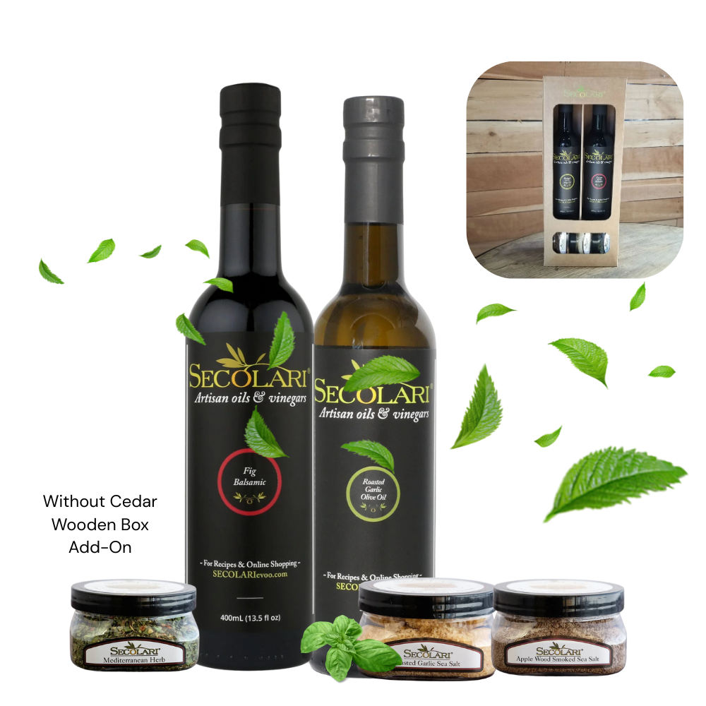 Fig Balsamic and Roasted Garlic Olive Oil Bottles with Small Bottles of Mediterranean Herb, Roasted Garlic Sea Salt, and Apple Wood Smoked Sea Salt on white background