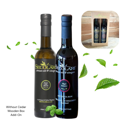 Roasted Garlic Olive Oil and Maple Balsamic Bottles with Cardboard Box Behind them in White Background