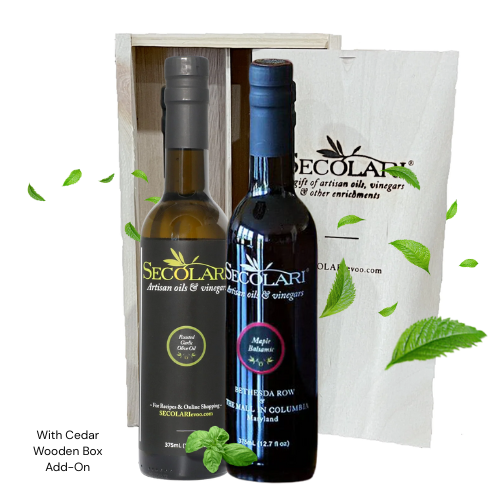 Roasted Garlic Olive Oil and Maple Balsamic Bottles with Cedar Wooden Box Behind them in White Background