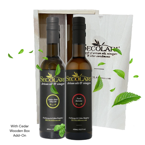 Italian Herb Olive Oil Bottle and Peach Balsamic Bottle with Wooden Cedar Box Behind
