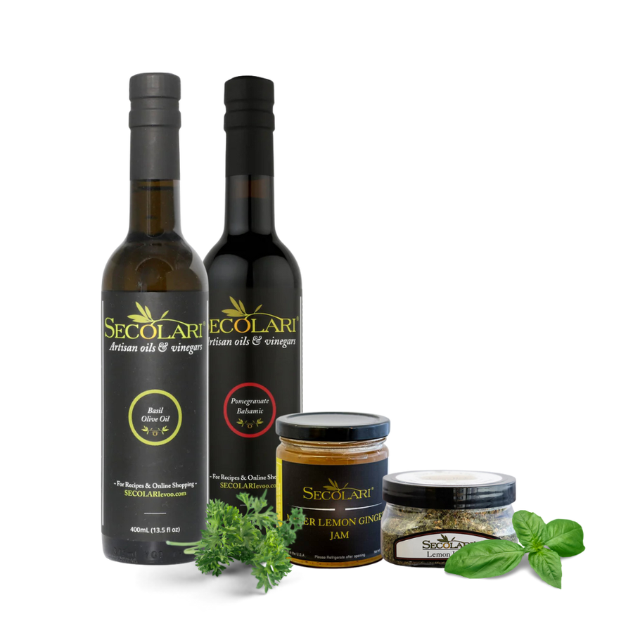Two bottles of Secolari olive oil and vinegar, a jar of jam, and a container of salt on a white background.