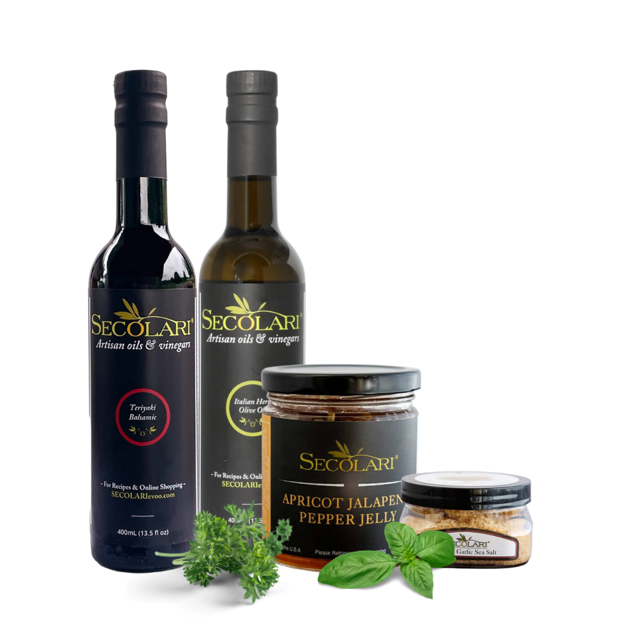 Secolari olive oil bottles and jelly jars with herbs on a white background