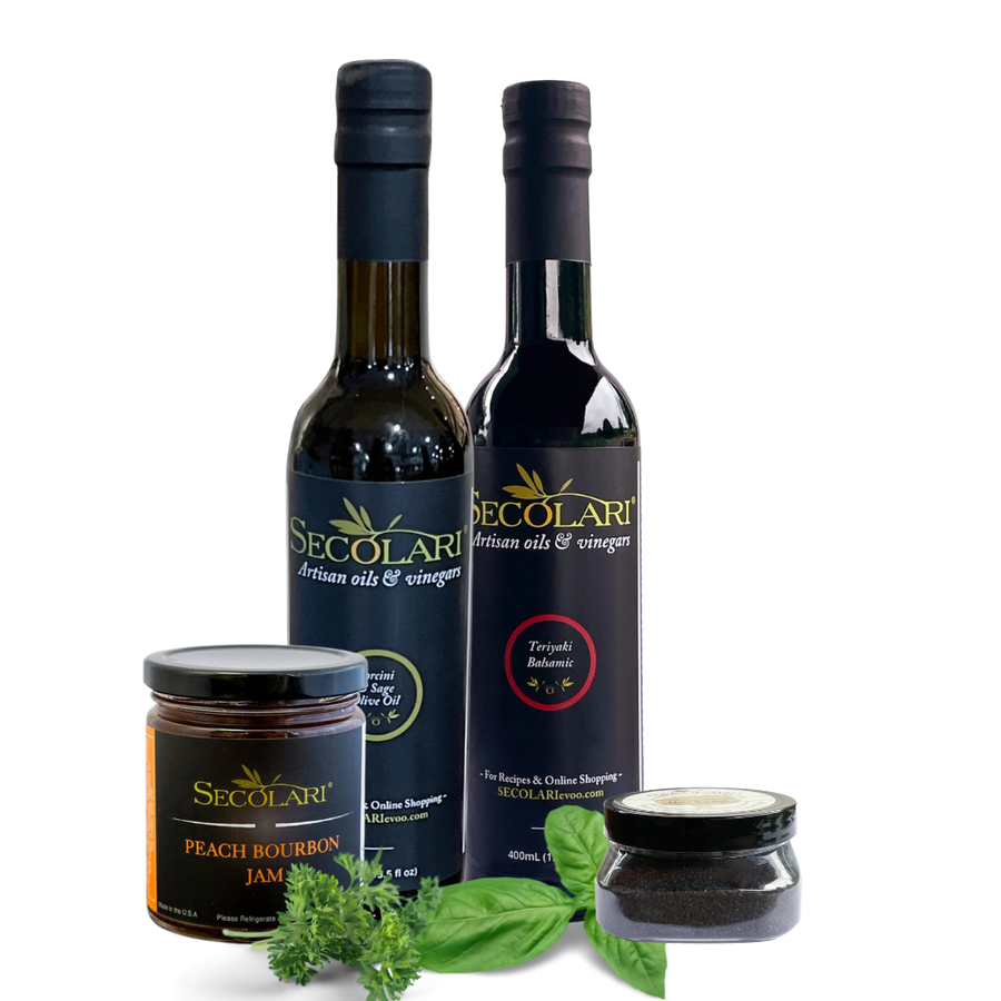 Two bottles of Secolari olive oil, a jar of peach bourbon jam, and a small container of spread on a white background.
